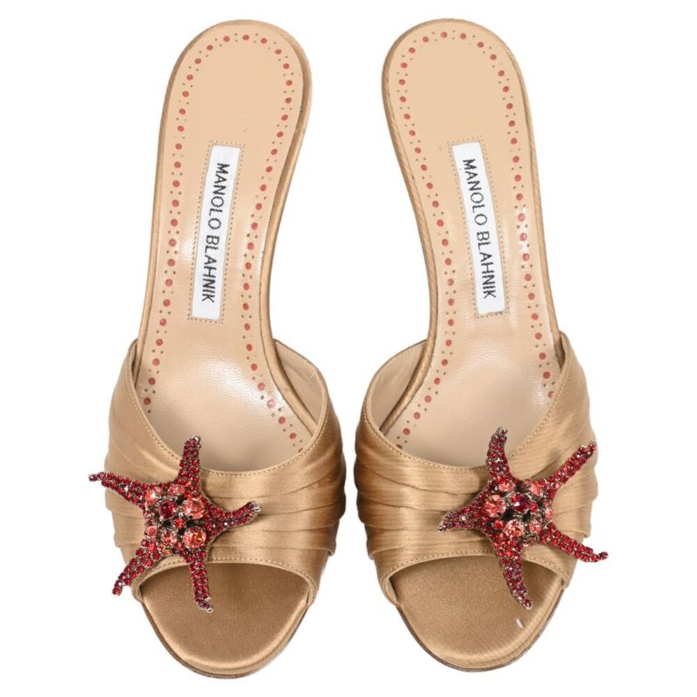 Manolo Blahnik Embellished Slide Sandal Heels in Brown Satin - Picture 5 of 9